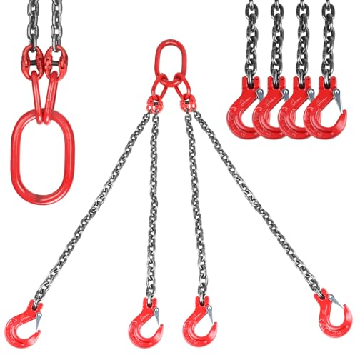 DBREAKS Catena di Sollevamento, 4 fili catena per gru da 8 mm, 1m Catena di sollevamento per gru con ganci, 6T Imbracatura a Catena, gancio a forcella e gancio di accorciamento