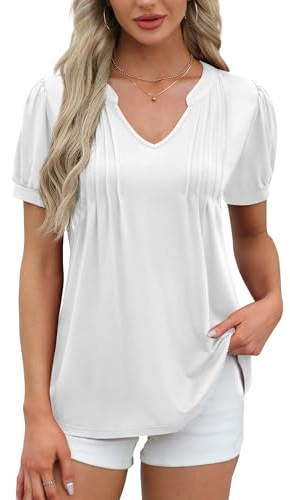 Amoretu Shirt Damen Sommer V Ausschnitt Tunika Tops Elegant Plissee Blusenshirt Weiß L