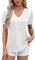 Amoretu Shirt Damen Sommer V Ausschnitt Tunika Tops Elegant Plissee Blusenshirt Weiß L