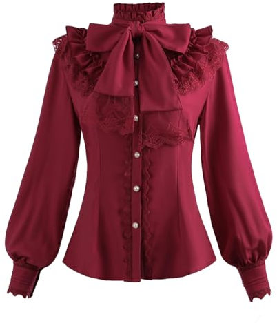 NSPSTT Victorian Gothic Button Down Blouse Red Puff Sleeve Top for Women With Lace Collar, L