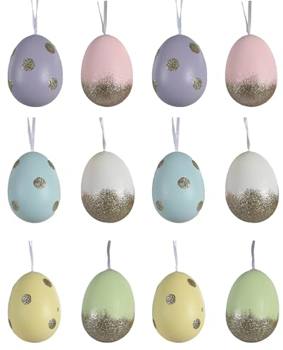 Ostereier zum Aufhängen 6cm 12 Stück mit Glitzer - Plastikeier mit Aufhänger - Kunststoff Deko Eier für Ostern - Kunststoffeier als Osterdeko Hängedeko Frühlingsdeko bruchfest - Pastell Mix