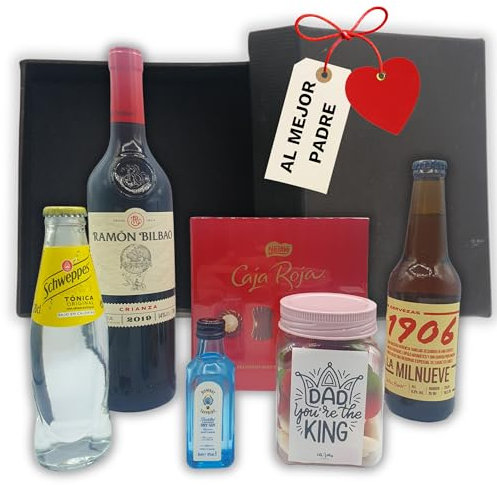 Pack Regalos Originales para Dia del Padre | Vino Ramon Bilbao + Bombones Caja Roja Nestle + Bombai Saphire + 2 Pack de Chuches | cestas dia del padre