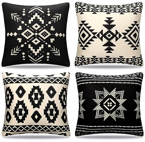 Cheekywares Outdoor Kissenbezug 50x50cm Schwarz und Weiß Dekorative Boho Kissenbezüge Azteken Stammes Ethno Sofakissen Dekokissen Wohnzimmer Schlafzimmer Garten Couch Kissenhülle 4er-Set