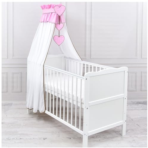 Generisch Baby Delux Babybett Himmel Betthimmel Chiffon Baldachin für Babybett Kinderbett Wiege Stubenwagen Himmelstange Applikationen Herz Deko (Blümchen Rosa, mit Himmelstange)