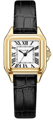 Szaikyri Klassisches Quadrat Damenuhr mit römischen Ziffern Damenkleiduhren Armbanduhr Damen (Black-Gold)