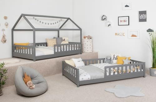 TiCAA 2 in 1 Bodenbett wandelbar mit abnehmbaren Dach 90x200 cm, 100x200 cm, 120x200 cm, 140x200 für Jungen & Mädchen, inkl. Rolllattenrost, Rausfallschutz variabel, weiß aus Kiefer Massivholz