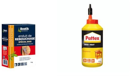 Bostik Enduit de Rebouchage Prêt à l'Emploi Spécial Bois – Pâte à Bois en Poudre – Intérieur & Pattex | Colle Bois Express (biberon de 750 g) – Colle à bois transparente à séchage rapide