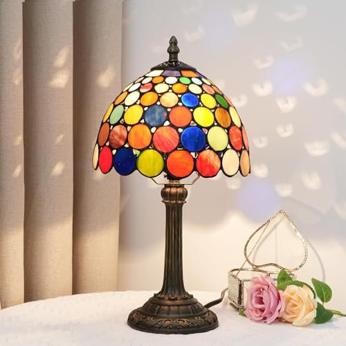 Hobaca 12 Zoll Tiffany Tulpe Blume Buntglas Tischlampe Vintage Landhaus Schreibtischlampe Antik Nachttischlampe Nostalgie Art Deco Schlafzimmer Wohnzimmer (8 Zoll Round-Colorful)