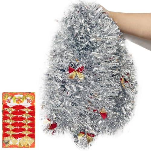 AMLOOPH Silver Tinsel Christmas Decorations, 10m Thick Christmas Tinsel Garland For Christmas Tree Decorations, Metallic Silver Christmas Garland Tinsel And Bows For Stairs Home Xmas Tree Decorations