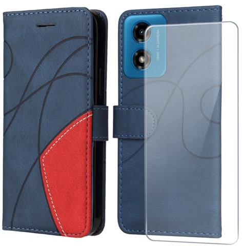 FHSYCR Coque pour Motorola Moto E14 / G24 / G04 avec 1 Pièces Verre Trempé, Premium PU Cuir Multifonction à Rabat Flip Antichoc Protection Housse Étui pour Motorola Moto E14 / G24 / G04 - Bleu