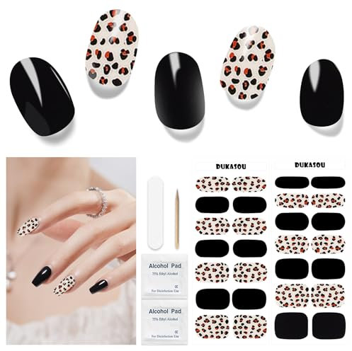 Semi Cured Gel Nail Strips, 28 pcs Gel Nail Strips Work with Any UV Lamp, Long Lasting Gel Nail Stickers Full Nail Wraps, Salon Quality, Easy to Apply (Leopard Black)