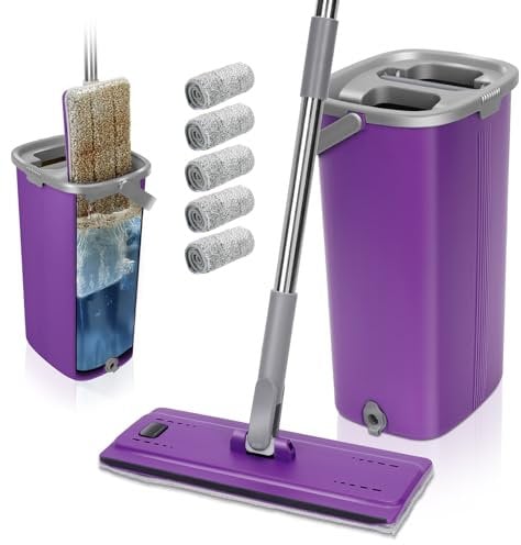 Masthome Flat Mop and Buckets Sets, Floor Mop and Bucket with Stainless Steel Handle, Wet & Dry Microfibre Floor Mops for Hardwood, Laminate, Tile Cleaning, Send 5 Reusable Pads