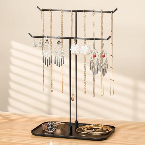 Josmimic Necklace Holder jewellery Stand Organizer for Necklaces and Bracelets, Metal Display Stand, Gift for Women, Ideal for Home, Bedroom, or Vanity, Black