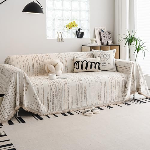 WEYOND Chenille-Couchbezug, wendbar, waschbar, Sofaüberwurf, Decke, gestreifter Sofa-Schonbezug für Sektionalcouch, Zweisitzer, 3-Sitzer, Ecksofa, Futon-Bezug (180 x 260 cm, Khaki)