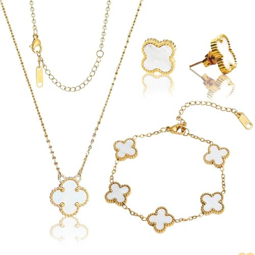 SHENSAIGO Vierblättriges Kleeblatt Schmuckset, 3 Stück Kleeblatt Armband Halskette Ohrringe, Kleeblatt Schmuck Goldene, Zweiseitig Schmuck Set Damen für Muttertag Weihnachten Geschenk (Weiß)