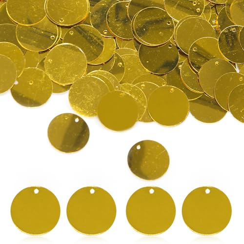 850 Stück lose Pailletten, 20 mm, Glitzer-Pailletten, flache Pailletten, rund, für Kunst, flache Pailletten mit Loch, Stickerei, Bastel-Pailletten zum Nähen, Cafés, DIY, Schmuckherstellung, Gold