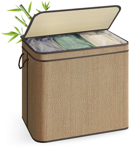 SONGMICS Wäschekorb 3 Fächer, Wäschesammler Bambus, 170 Liter, Wäschesack herausnehmbar und maschinenwaschbar, mit Deckel, Griffe, für Waschküche, Schlafzimmer, Wohnzimmer, braun LCB069K01