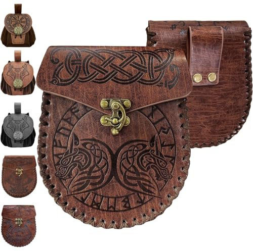 AUNGKWANG GepräGte Kunstleder-HüFttasche, Mittelalterliche Retro-HüFttasche, Leder HüFttasche, Unisex, Geeignet FüR Cosplay-Requisiten Im MitteleuropäIschen Wikinger-Stil, Halloween-Party(Wolf-Muster)