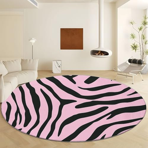Waschbare Runde Teppiche 100 cm, Tier Haut Zebra Textur Rutschfester Runder Teppich für das Wohnzimmer, Tierhaut Weicher Niedrigfloriger Teppich für unter den Esstisch