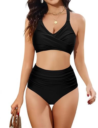 heekpek Costume Donna Due Pezzi Vita Alta Bikini Mare Costumi da Bagno Donna Curvy Push Up Imbottito Scollo a V Crociato Davanti Swimsuit, Nero, M