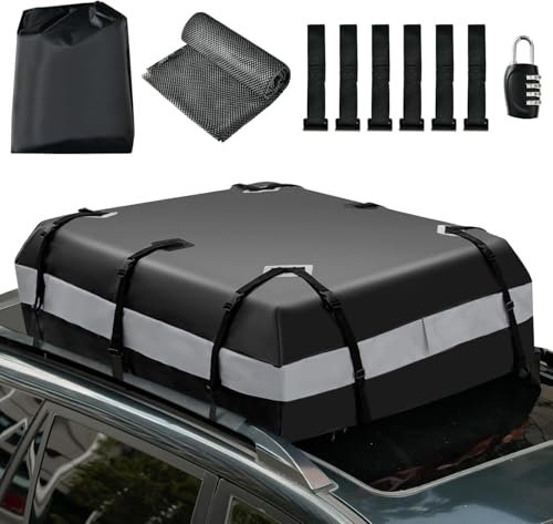 FANTASK Baúl de Techo con Cerradura de combinación para Todos los vehículos con/sin portaequipajes, 420 L, Impermeable, con 6 Ganchos para Puerta, Alfombrilla Antideslizante y Bolsa de Transporte,