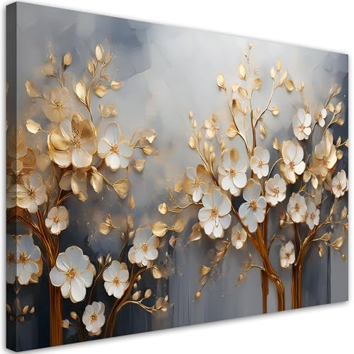 Feeby Leinwand Bilder - Bild Wohnzimmer - Baum Magnolie Abstraktion Gold - 60x40 cm 1tlg - Deko Schlafzimmer Groß - Dekoration Canvas - Gemälde - Modern Wandbilder - Kunstdruck