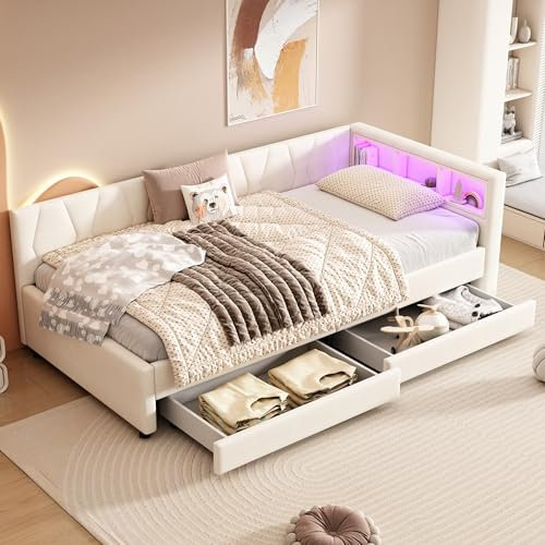 Gegtuon Schlafsofa Einzelbett Kinderbett 90x200 mit LED-Licht, USB-Polsterbett Bett Sofabett mit Stauraum Schubladen & Kopfteil, Tagesbett Bettgestell mit Lattenrost, ohne Matratze, Leinen (Beige)