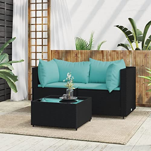 CINDERFUL 3-TLG. Garten-Lounge-Set mit Kissen Schwarz Poly Rattan,Moderne GartenLounge: Wetterfestes PERattanSet für Komfort und Stil im Freien Terrassen Sitzmöbel