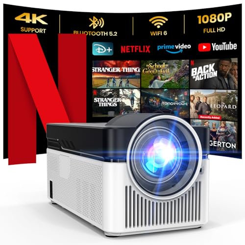 [Netflix Ufficiale & 750 ANSI] 4K Proiettore 350'' Schermo (Max) - 50'' con Wifi 6 e Bluetooth 1080P Nativo, One-Click Use Netflix/YouTube/PrimeVideo/D+ integrate, Proiettore per Home Cinema, Bianco