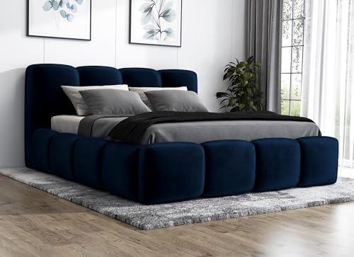 A&J MöbelLand Polsterbett 180x200 mit Bettkasten und Lattenrost – DONA, Bett mit Matratze und Stauraum in Dunkelblau