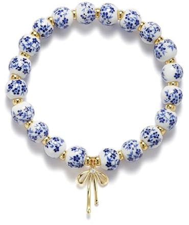RIXERKOC Perlen Bogen Charme Armband für Damen Chinese Stil Keladon Armreif Vintage Blaue Blume Keramik Armband Handmade Stretch Gold Perlen Armbänder Romantischer Schmuck Geschenk (Blau)