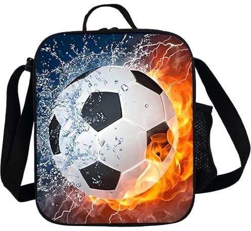 Rppiup Football Lunch Box, Insulated Lunch Bag for Kids Boys Girls with Water Bottle Holder, Washable Reusable Tote or Crossbody Football Lunchbox, for School Hiking Picnic Travel Camp(Gray & Blue)