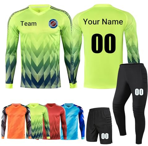Personalisierte Kinder Torwart Trikots, Jungen Fußball Trikot Gepolstert Torwart Shirt Langarm, Benutzerdefiniert Torwart Trikots für Herren mit Benutzerdefiniertem Namen Team Nummer Logo(Green)