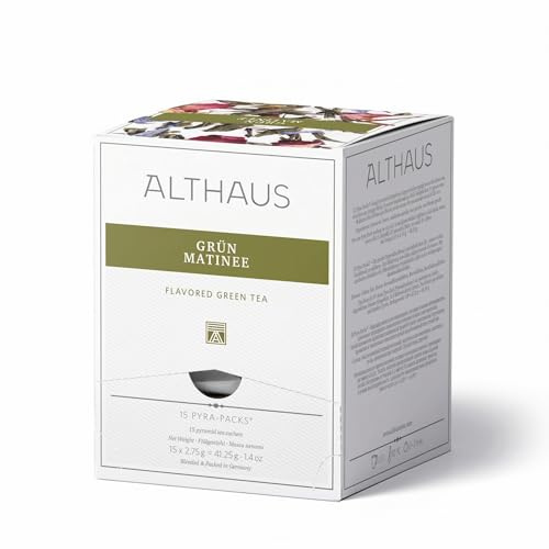 ALTHAUS Grüner Tee Grün Matinee, aromatisierter Sencha Tee mit Blüten, 15 Pyramiden-Teebeutel, einzeln verpackt, 41,25 g, Grüntee Beutel, in Deutschland gemischt & verpackt
