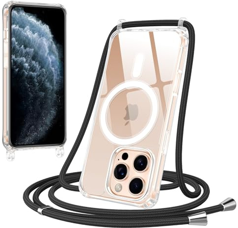 Jrkvniv Magnética Funda con Cuerda para iPhone 11 Pro Carcasa, Compatible con MagSafe, Transparente Delgada TPU Silicona Anti-Choque Antiarañazos Protector Case con Ajustable Correa Colgante, Negro