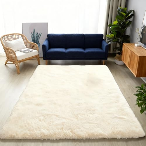 GOUER Flauschiger Hochflor Teppich 300 x 400 cm Flauschiger Kuscheliger Waschbar Teppiche Klein Deko Kuschelig Waschbar für Schlafzimmer Kinderzimmer, Creme Farben