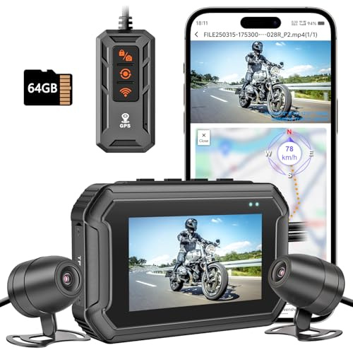 IXROAD Motorbike Dash Cam Front and Rear, 1080P IP67 Waterproof Motorcycle Camera with 24H Parking Mode, GPS Track & Speed Recording, App Control, G-Sensor, 64GB TF Card Included