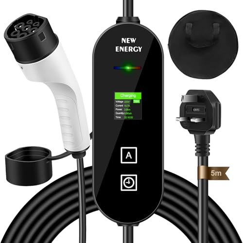 Vutlace EV Charger Cable Type 2 to UK 3 Pin Plug, 5M 6/8/10/13/16A Portable Electric 3.6KW Car Charger with LED Display, IP67 Waterproof, Type 2 Charging Cable for EVs and PHEV