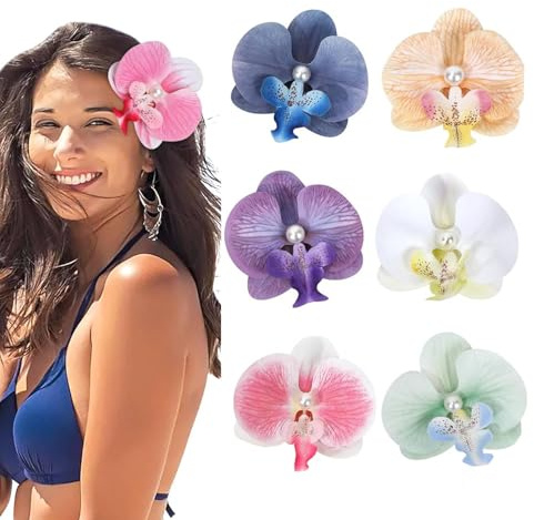 Aobesky 6 PCS Artificial Flower Hair Clips, Tropical Orchid Bohemian Style | Hawaiian Hair Clips for Women Girls, Nonslip Alligator Clip for Thin, Thick & Curly hair, Perfect for Beach, Party & Vacation