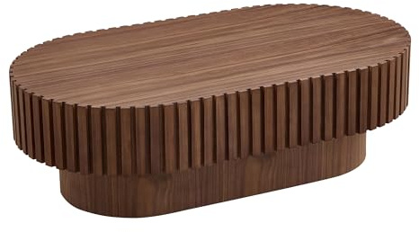 Oval Fluted Coffee Table, Modern Minimalist Center Table with Solid Wood Stripe Accent, MDF with Wood Veneer Construction, Contemporary Accent Table for Living Room, Bedroom, and Office (Walnut color)