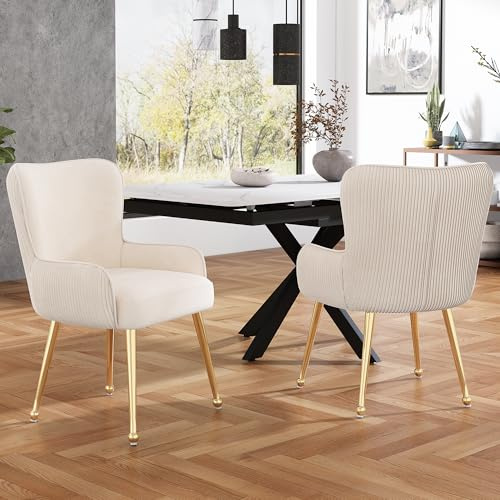 Easexcy Samt-Esszimmerstuhl,2er-Set,Wohnzimmer,Lounge-Stuhl mit Vier Goldene Metallstützbeinen,Mit Armlehnen und verstellbaren Füßen, Lendenwirbelstütze,Beige