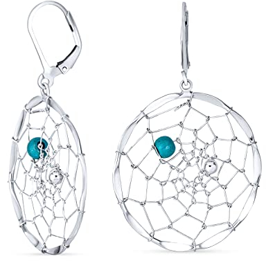 Blau Türkis Hebel Zurück Western Native American Indian Große Runde Traumfänger Ohrringe Für Frauen Jugendlich .925 Sterlingsilber