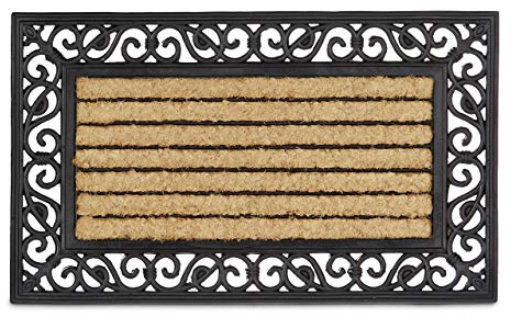 Relaxdays Fußmatte aus Kokos und Gummi mit Streifen floral als witterungsbeständiger großer Türvorleger gestreifte Fußmatte rutschfest für alle Böden auch Outdoor mit Gusseisen-Optik, natur schwarz