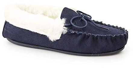 Mokkers Womens Emily Real Suede Moccasin Slippers with Wool Mix Warm Lining and Outdoor Sole Navy