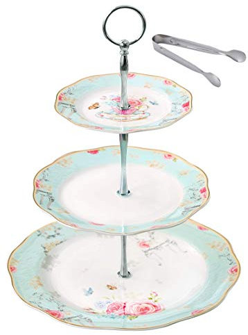 jusalpha luz azul 3 pisos para pastel (cerámica, Cupcake, color tea party postre fuente de servir en caja de regalo fd-qd3t