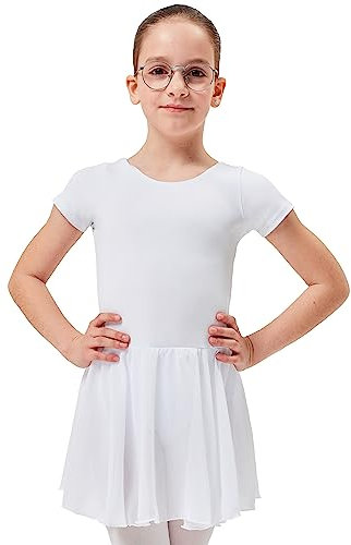 tanzmuster ® Ballettkleid Mädchen Kurzarm - Lucy - Baumwolle - Chiffon Röckchen - weiß, Größe:92/98