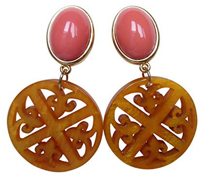 Opulent: Sehr große leichte Ohr-Clips vergoldet Stein korall-rot Anhänger bernstein-farben elegant Statement Fashion Glamour Hingucker Geschenk JUSTWIN