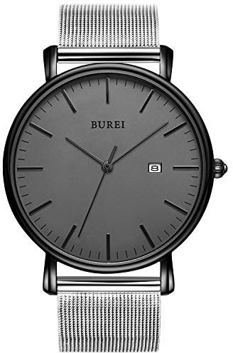 BUREI Minimalist Herrenuhr Classy Date Gents Armbanduhr mit einfachem Band, einfach, großes Zifferblatt aus Edelstahl