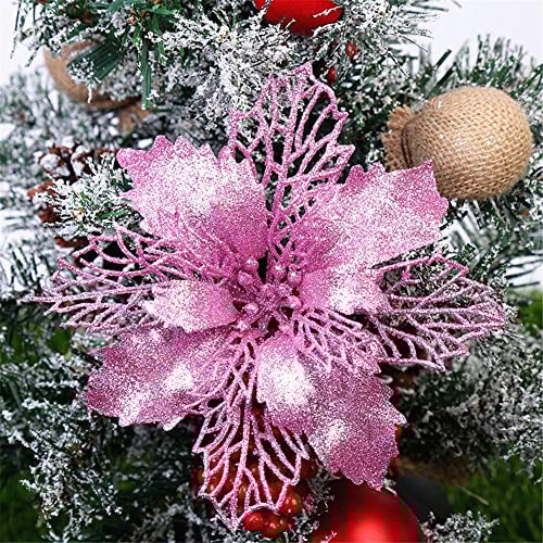 GLITZFAS 12 Stück Glitter Weihnachtsbaum Dekoration, Weihnachtsbaumschmuck Ornament Weihnachten Blumen Dekor, Christbaumanhänger (Rosa,24 cm)