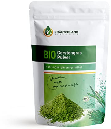 Kräuterland Bio Gerstengras Pulver 500g reines Gerstengraspulver | schonend getrocknet & gut löslich, reich an Chlorophyll, Vitaminen, Mineralstoffen & Enzymen für eine Detox-/Basen-Ernährung